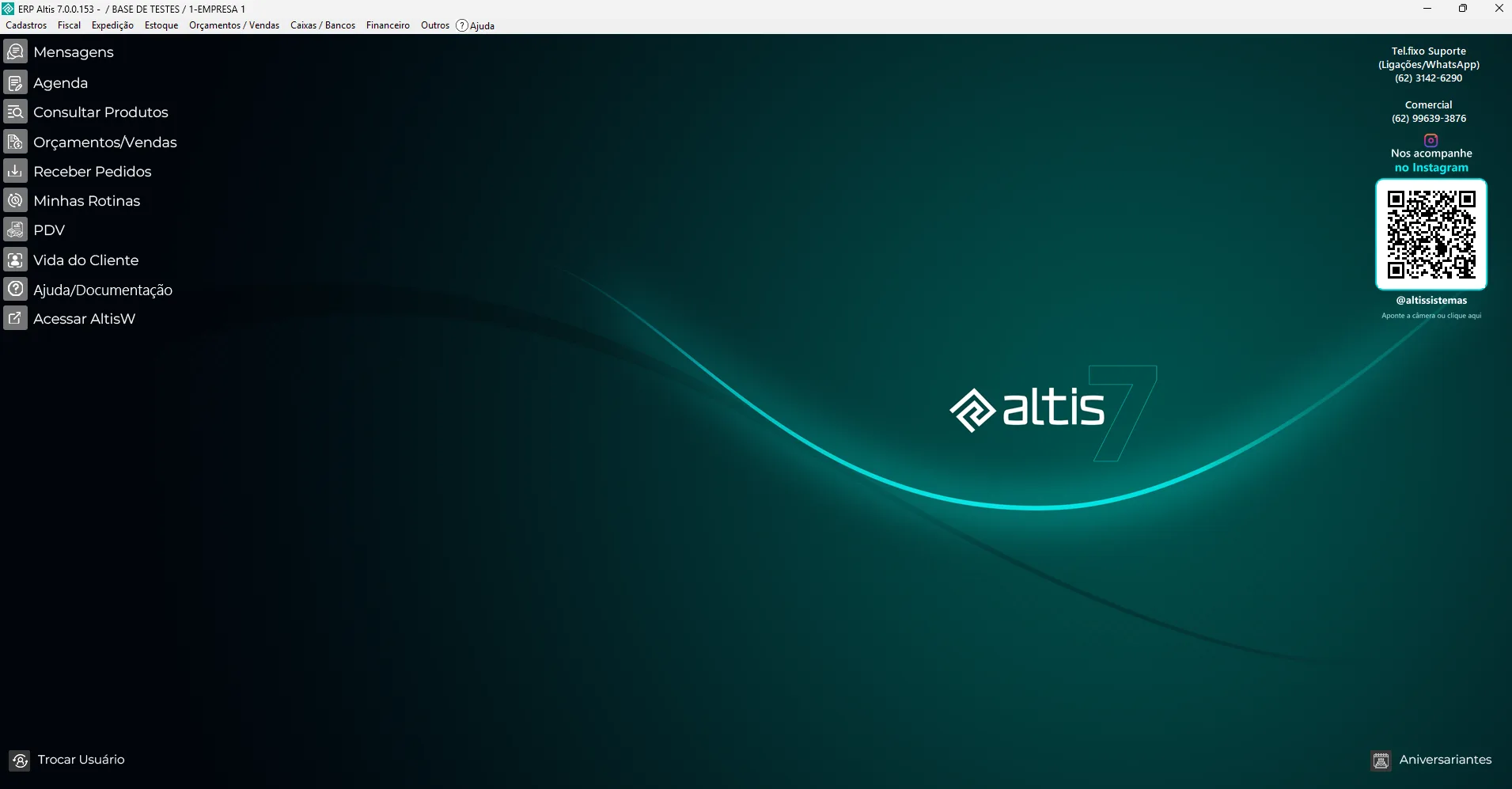 Tela principal do ERP Altis no desktop, com a frente de venda aberta